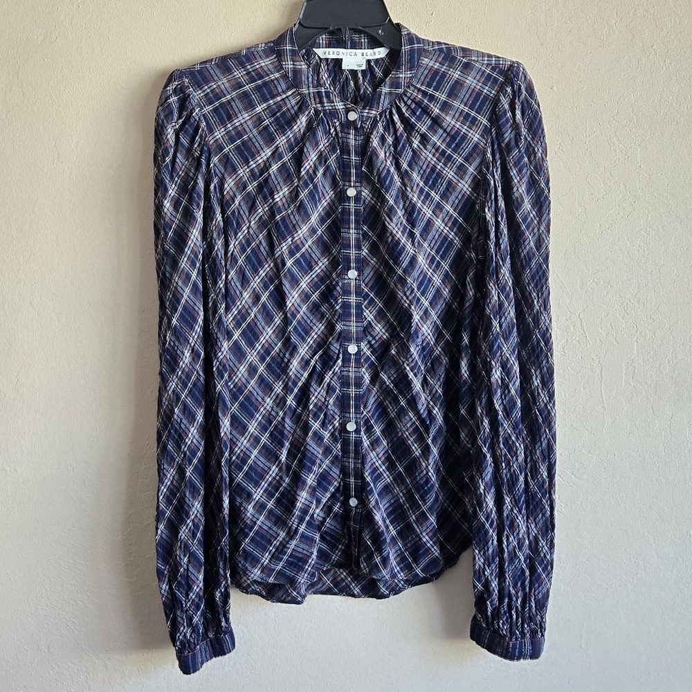 Veronica Beard Ashlynn Blouse In Multicolor Blue Plaid Size 4 - Picture 2 of 16